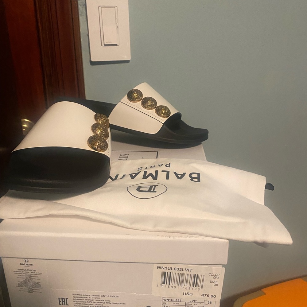 Balmain Black and White Slides with Gold Buttons